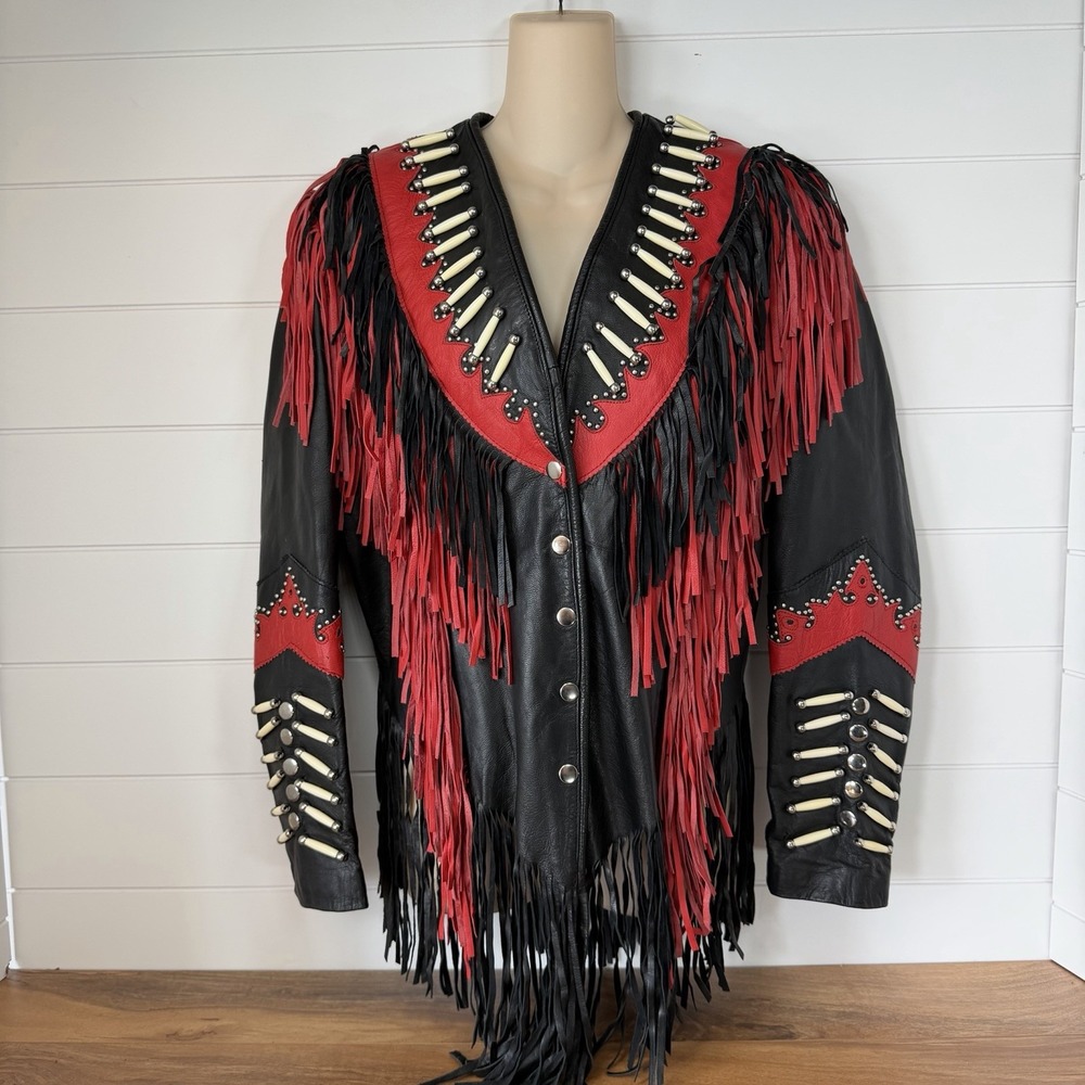 VTG Sunriders Western Leather Fringe Jacket Beaded Cowgirl Rodeo Motorcycle M/L